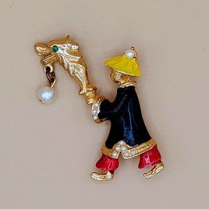 Asian Chinoiserie w/Dragon Lantern Pin Brooch Fuax Pearls Enamel